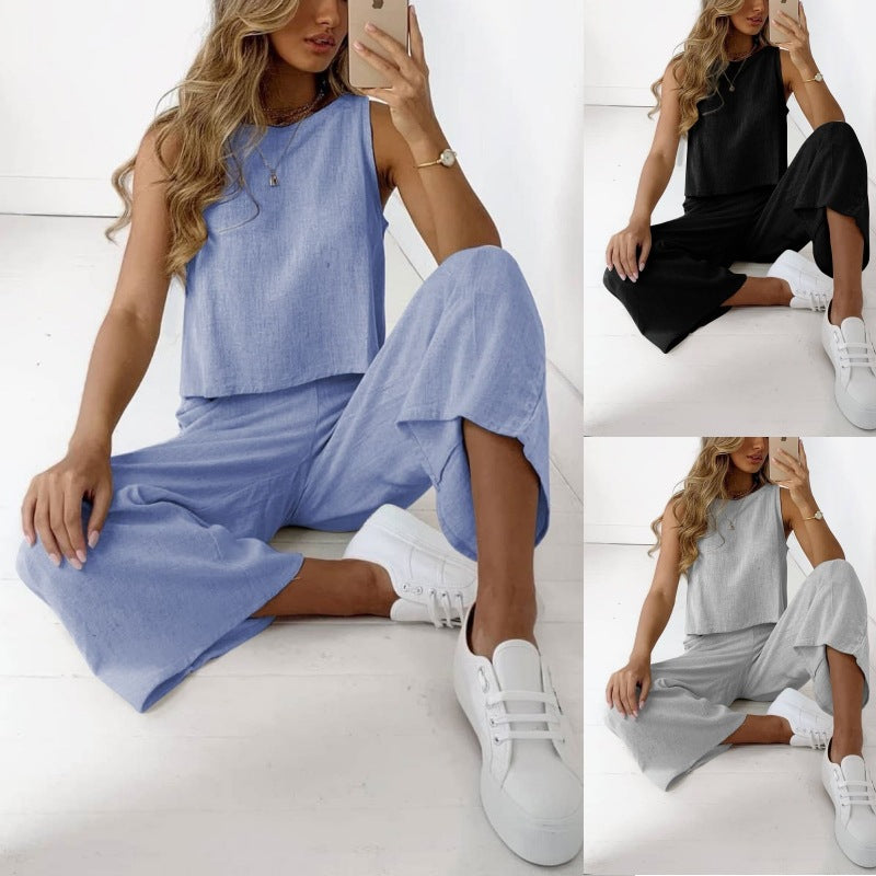 Ensemble deux pièces sans manches pour femme en coton et lin, chemise et pantalon large court