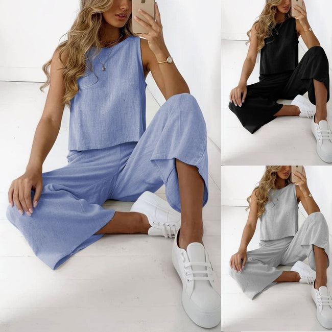 Ensemble deux pièces sans manches pour femme en coton et lin, chemise et pantalon large court Main Image