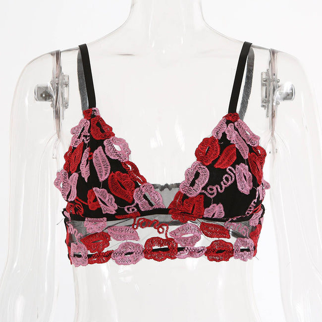 Gilet en dentelle mode brodé lèvres rouges, col en V, fin, pour femme Main Image