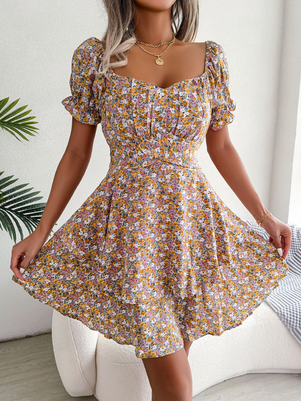 Robe Courte Femme Mini Robe Tempérament Grand Balançoire Ourlet Ample Imprimé Floral Robe Froncée Manches Courtes Taille Haute Robe D'Été Vêtements