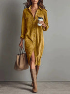 Robe Décontractée Chic à Col Rabattu et Boutons, Robe de Soirée Simple Unie pour Femmes Printemps Automne, Robe Longue à Manches pour Dames en Vacances
