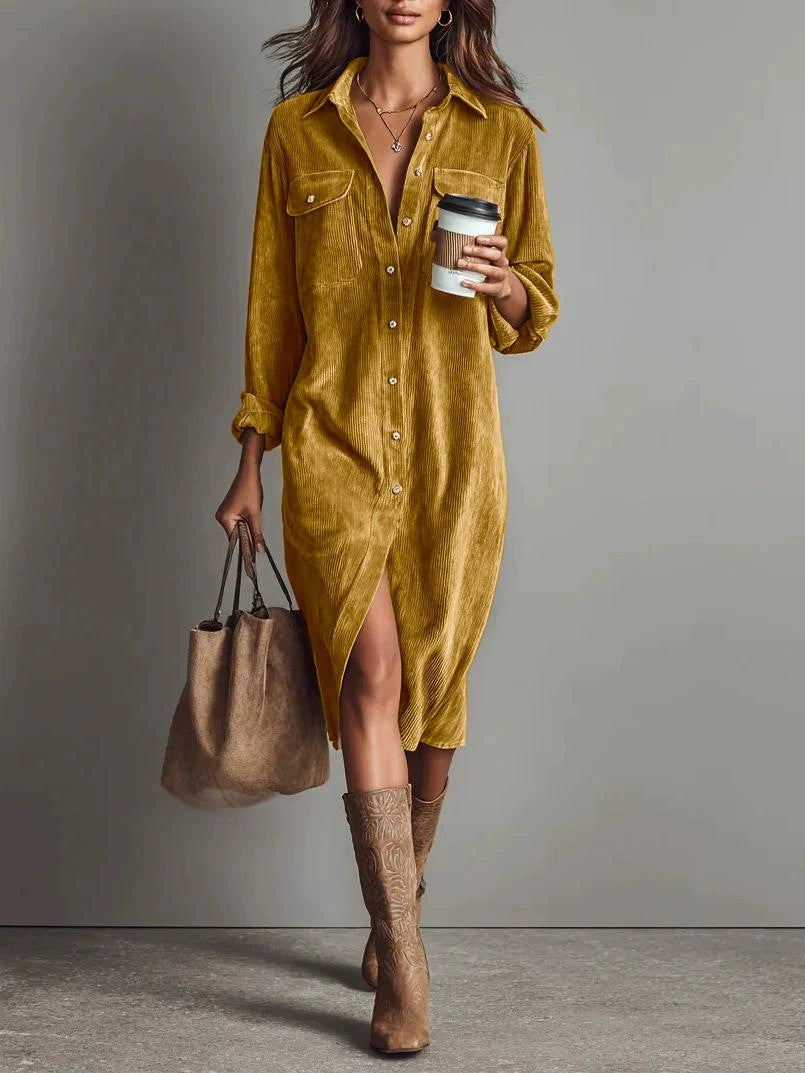 Robe Décontractée Chic à Col Rabattu et Boutons, Robe de Soirée Simple Unie pour Femmes Printemps Automne, Robe Longue à Manches pour Dames en Vacances