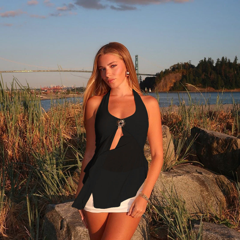 Haut camisole en résille à licou sexy pour femme "Ins Hot Girl"