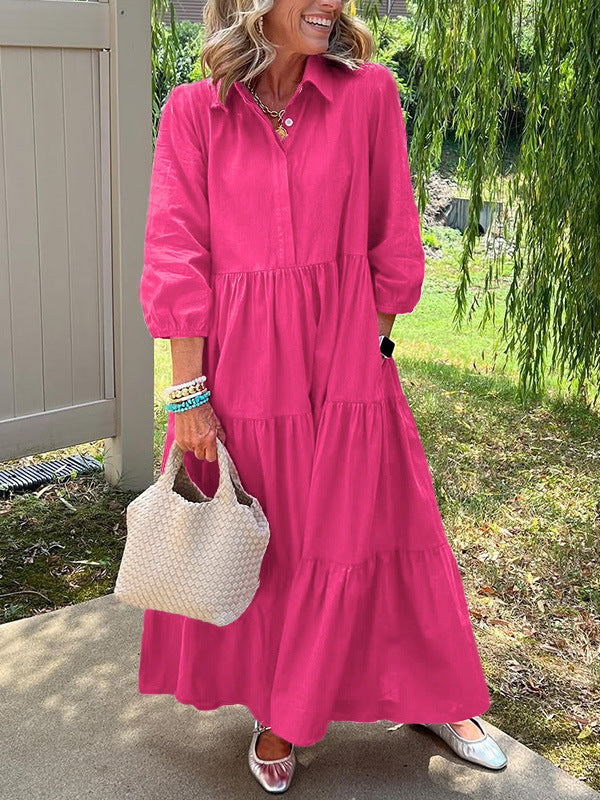 Robe ample décontractée à revers, manches mi-longues et grand tombé