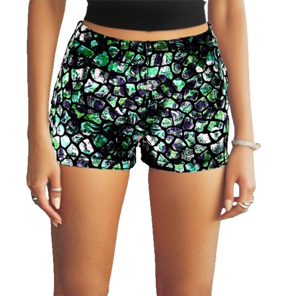 Short chaud femme élégant amincissant avec imprimé original et blocs de couleurs