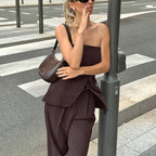 Retro Style Bandeau One-shoulder Lace-up Top Wide-leg Pants Suit Two-piece Set