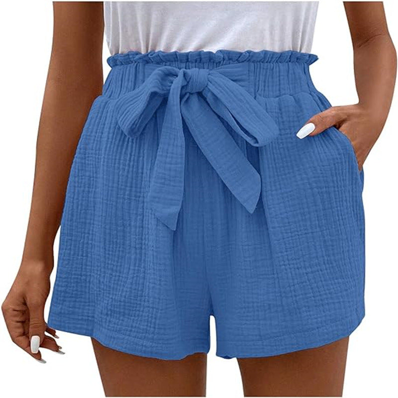 Short décontracté à taille élastique de couleur unie pour femme, taille haute, coupe ample, jambe large et simple