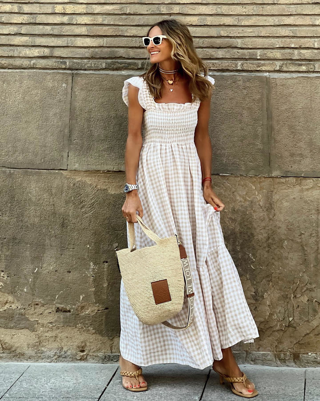 Robe plissée à volants imprimé écossais été, mode INS, sans manches, coupe trapèze, ample, pour la plage, vêtements pour femmes