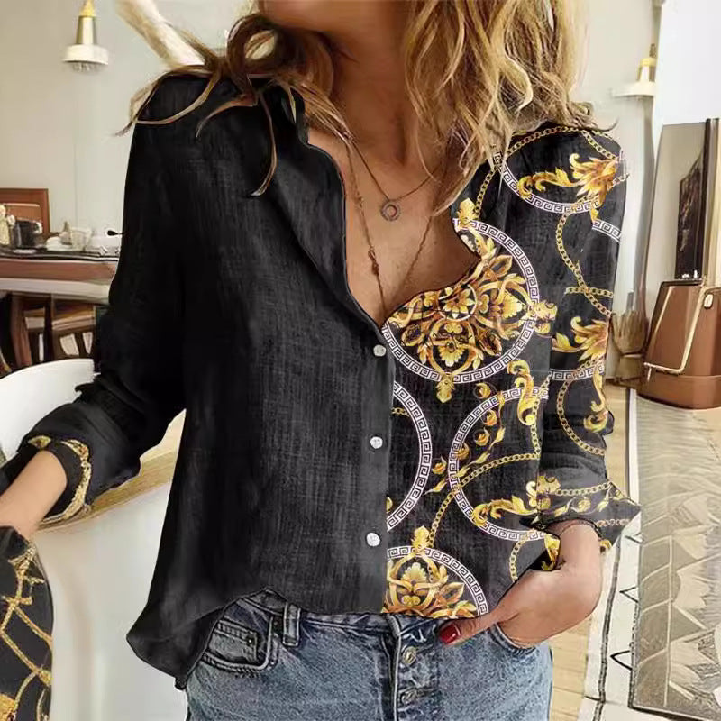 Chemise à la mode avec impression, revers et manches longues pour femme