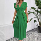 Robe longue unie à col en V profond, manches à épaules plissées et taille élastique