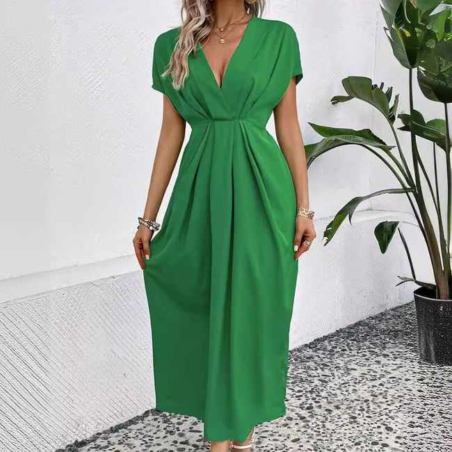 Robe longue unie à col en V profond, manches à épaules plissées et taille élastique Hover Image