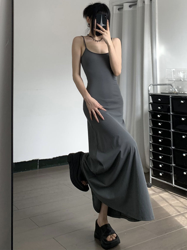 Robe gainante taille haute à bretelles, couleur unie, décontractée, coupe trapèze, longueur genou pour femmes