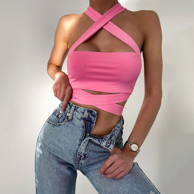 Débardeur Slim Femme à Bretelles Licou Découpées Main Image