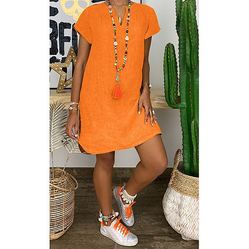 Robe d'été décontractée en coton et lin pour femme, couleur unie, manches courtes, col en V asymétrique