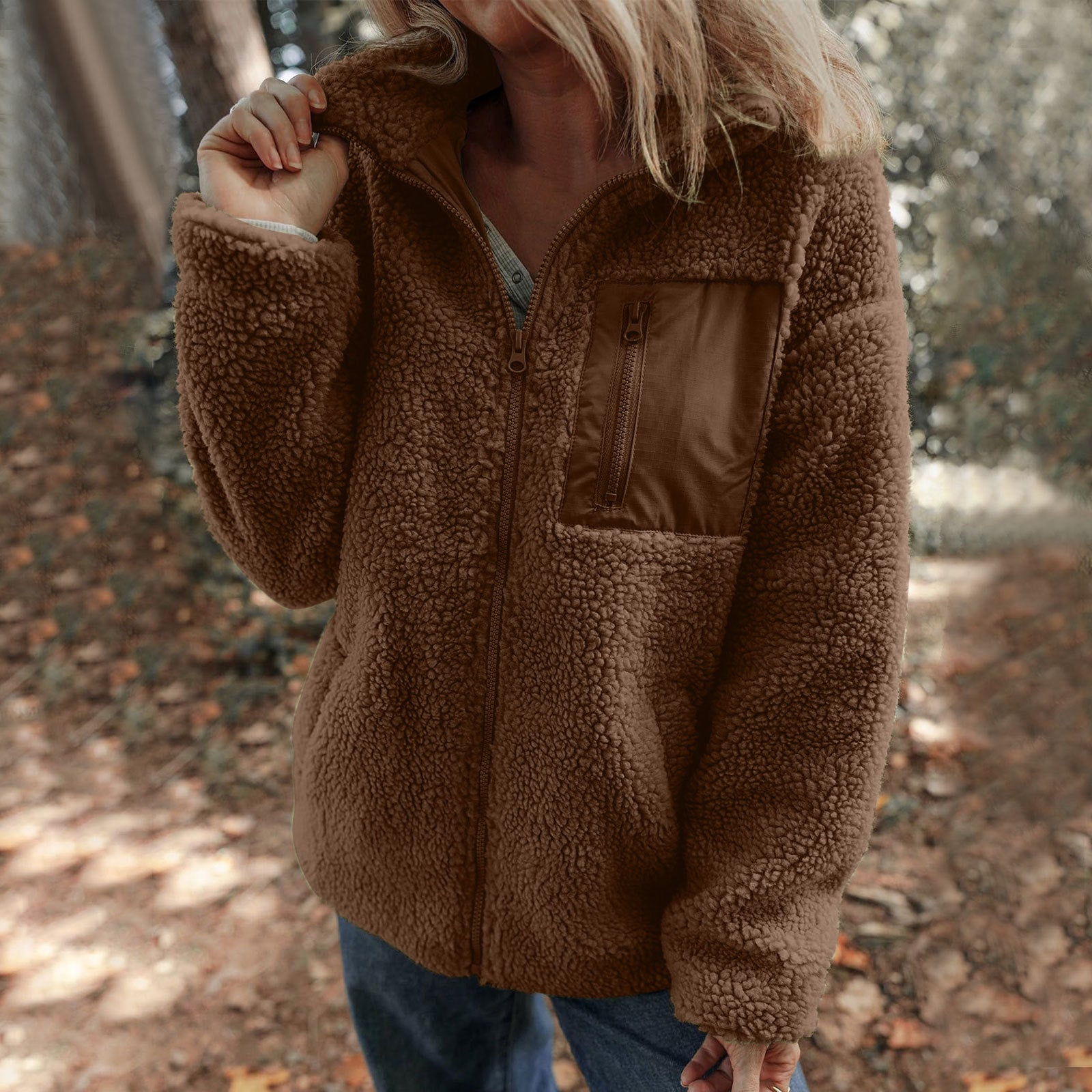 Manteau en peluche zippé, couleur unie, chaud et tendance, en laine d'agneau