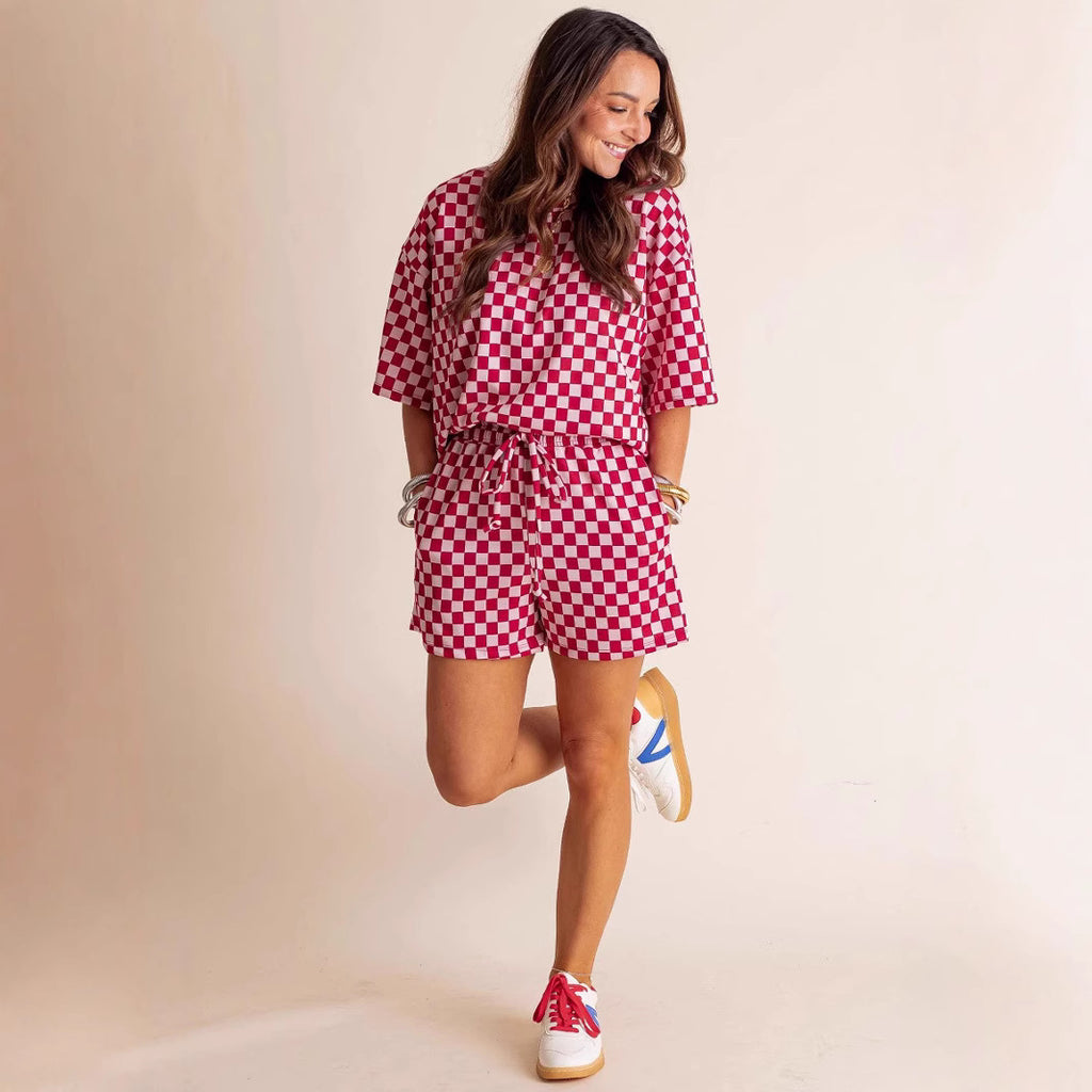 Nouvel ensemble deux pièces pour femme, décontracté et confortable, style européen et américain, chemise à carreaux à manches courtes et short.