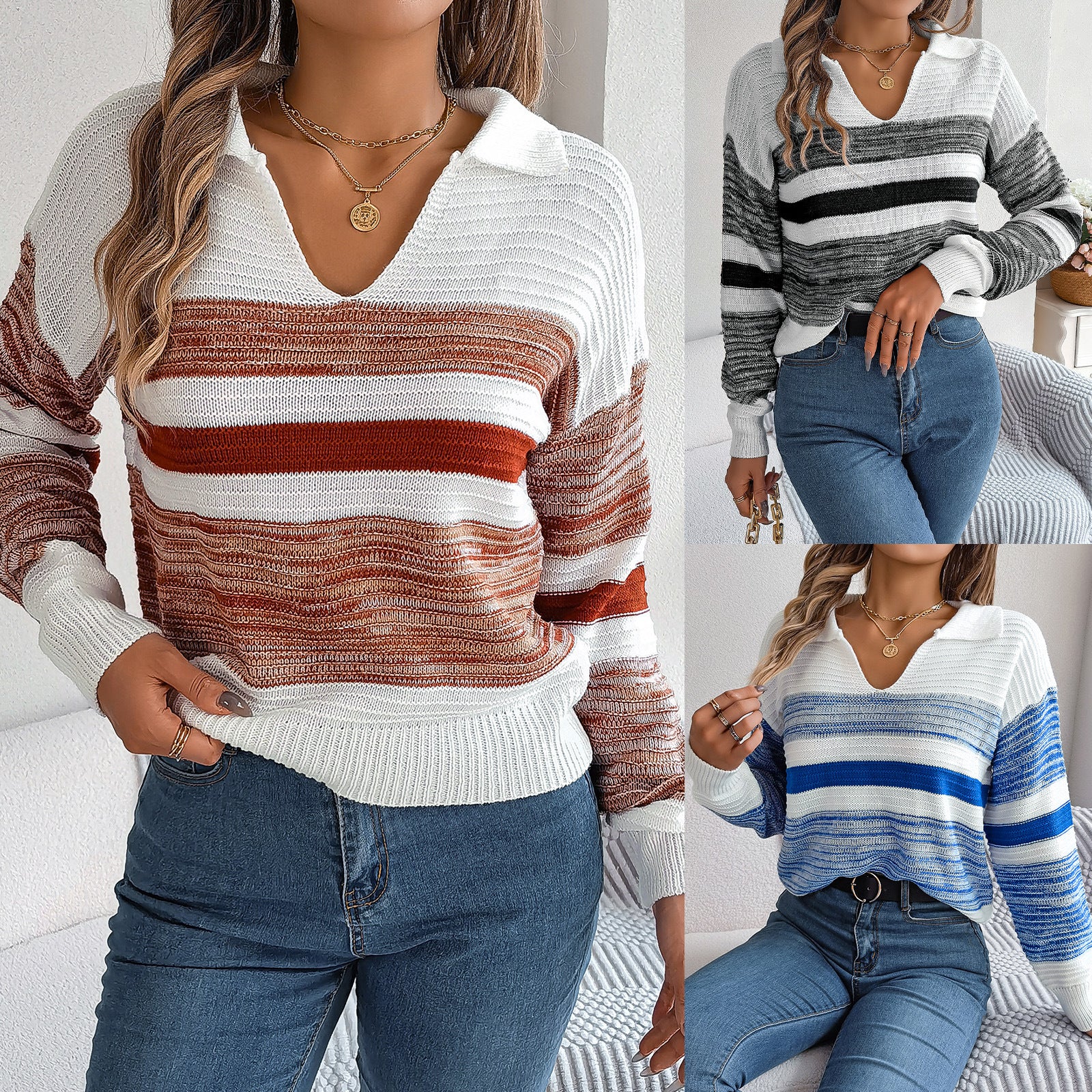 Pull en tricot rayé à la mode pour femme