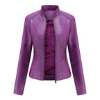 Vestes en cuir zippées pour femmes Mode couleur unie Poches Col montant Vêtements d'extérieur