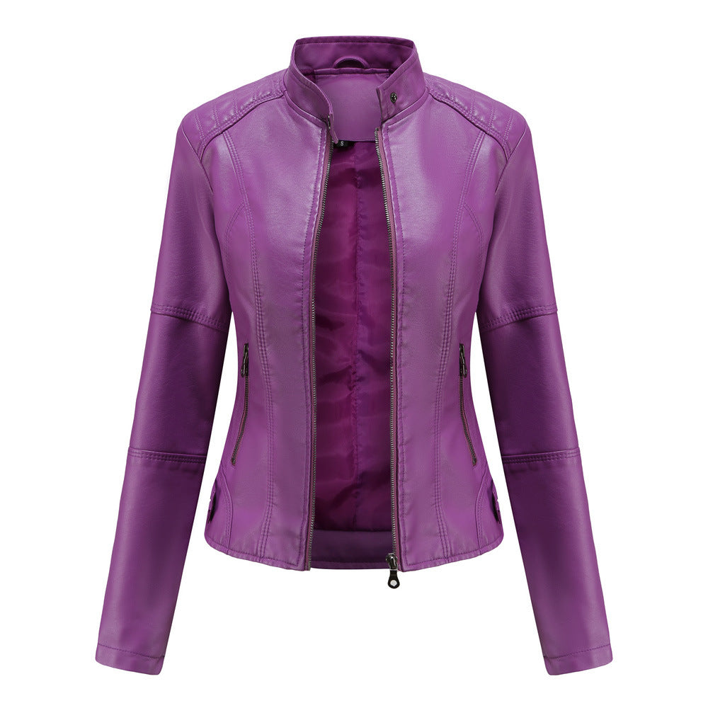 Vestes en cuir zippées pour femmes Mode couleur unie Poches Col montant Vêtements d'extérieur