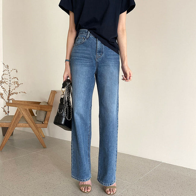 Jean décontracté coréen roulé taille haute coupe droite et ajustée pour femme Main Image