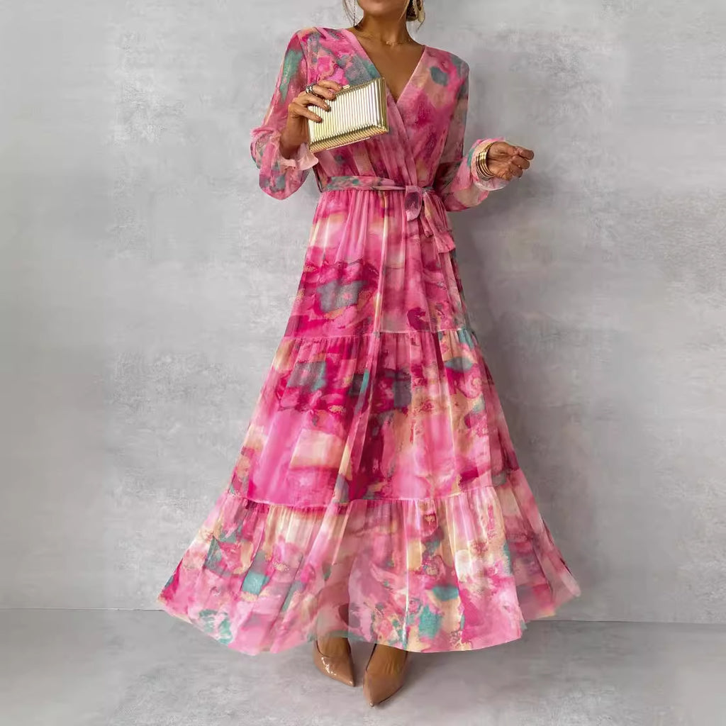 Robe longue fleurie à manches longues, élégante, col en V, plissée, taille haute, grand ourlet évasé en mousseline de soie pour femme