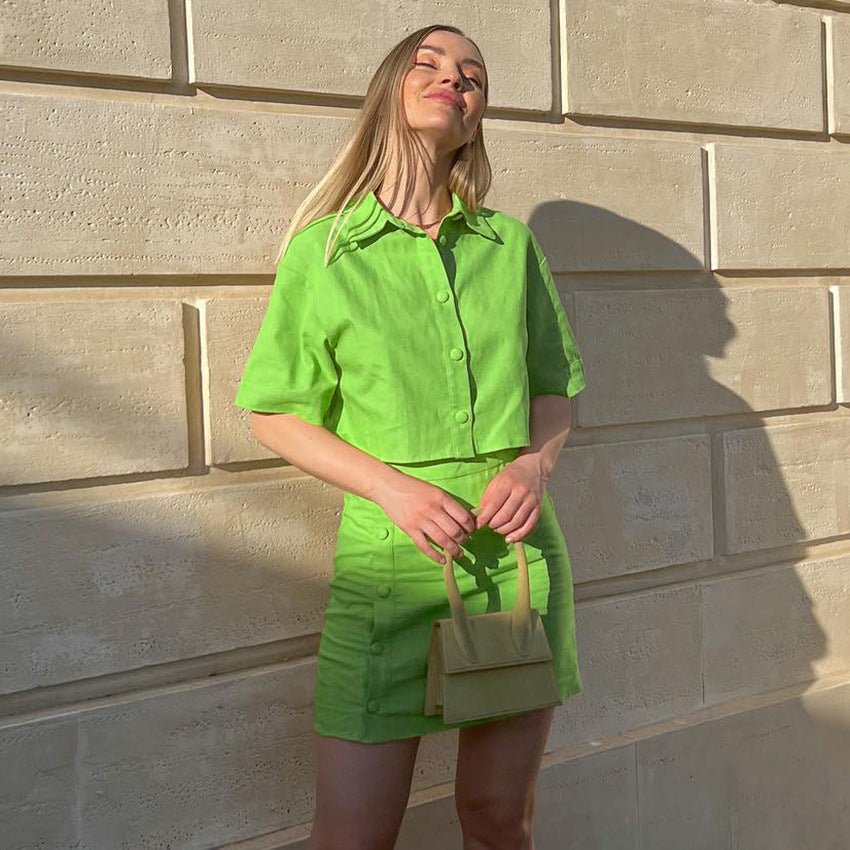 Ensemble deux pièces en coton et lin : chemise et jupe