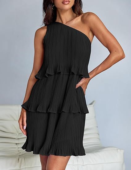 Robe décontractée pour femme, à une épaule dénudée, ourlet à volants superposés, couleur unie simple, taille haute confortable, pour l'été et la rue