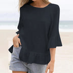 T-shirt décontracté à volants en coton et lin de couleur unie pour femme, chemisier de plage
