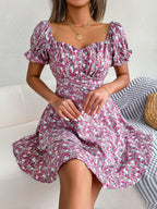 Robe Courte Femme Mini Robe Tempérament Grand Balançoire Ourlet Ample Imprimé Floral Robe Froncée Manches Courtes Taille Haute Robe D'Été Vêtements