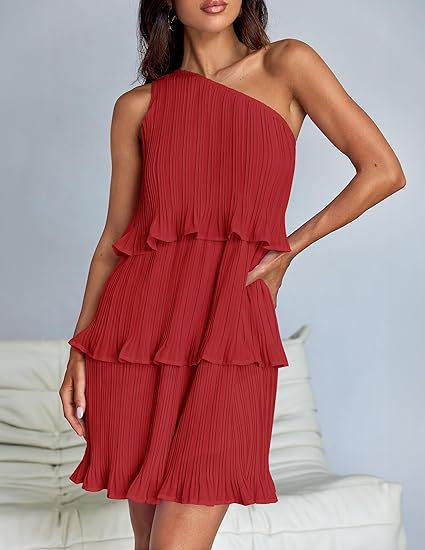 Robe décontractée pour femme, à une épaule dénudée, ourlet à volants superposés, couleur unie simple, taille haute confortable, pour l'été et la rue