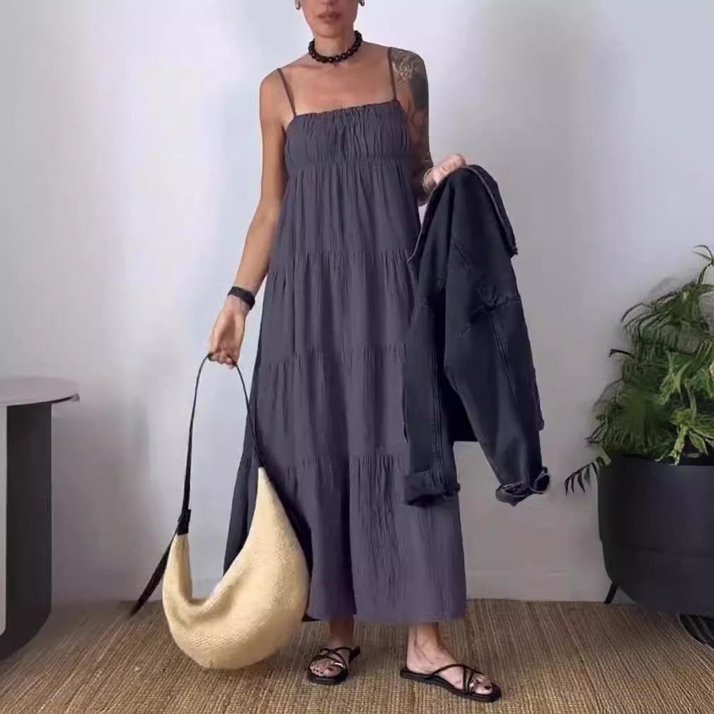Robe plissée à bretelles et bustier unie décontractée pour femme