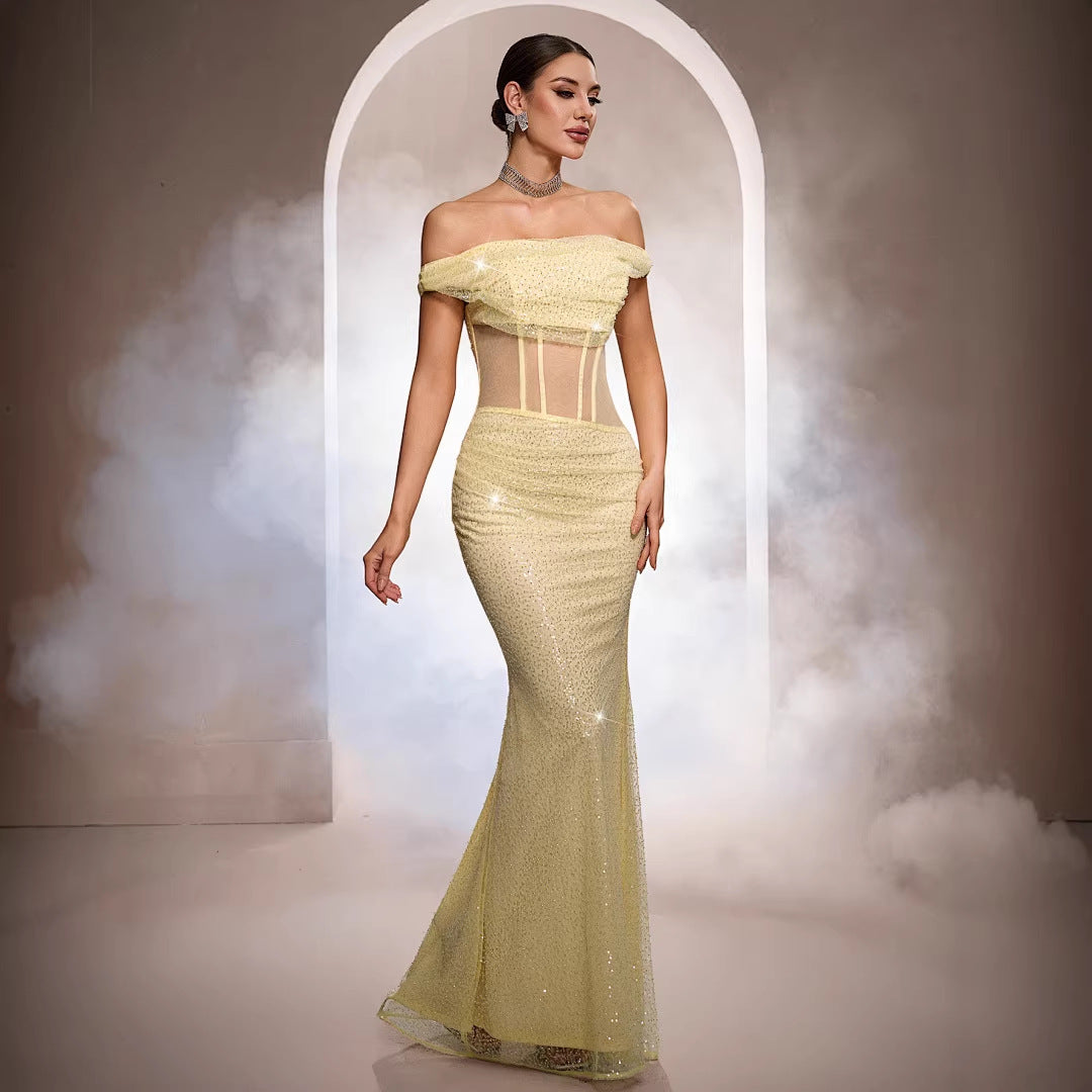 Robe de soirée sirène sans manches à épaules dénudées et à paillettes