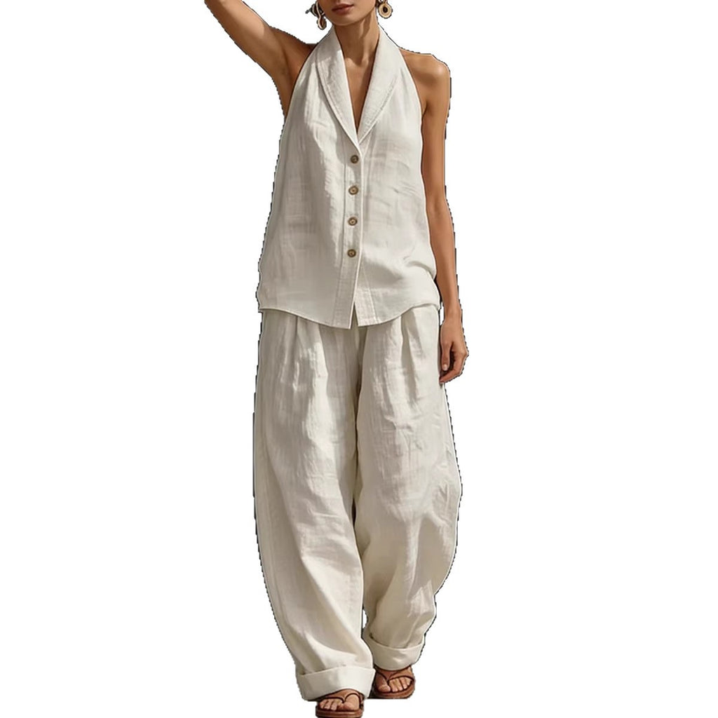 Wide-leg Pants Suit Womens Cotton-linen Fashionable Two-piece Set