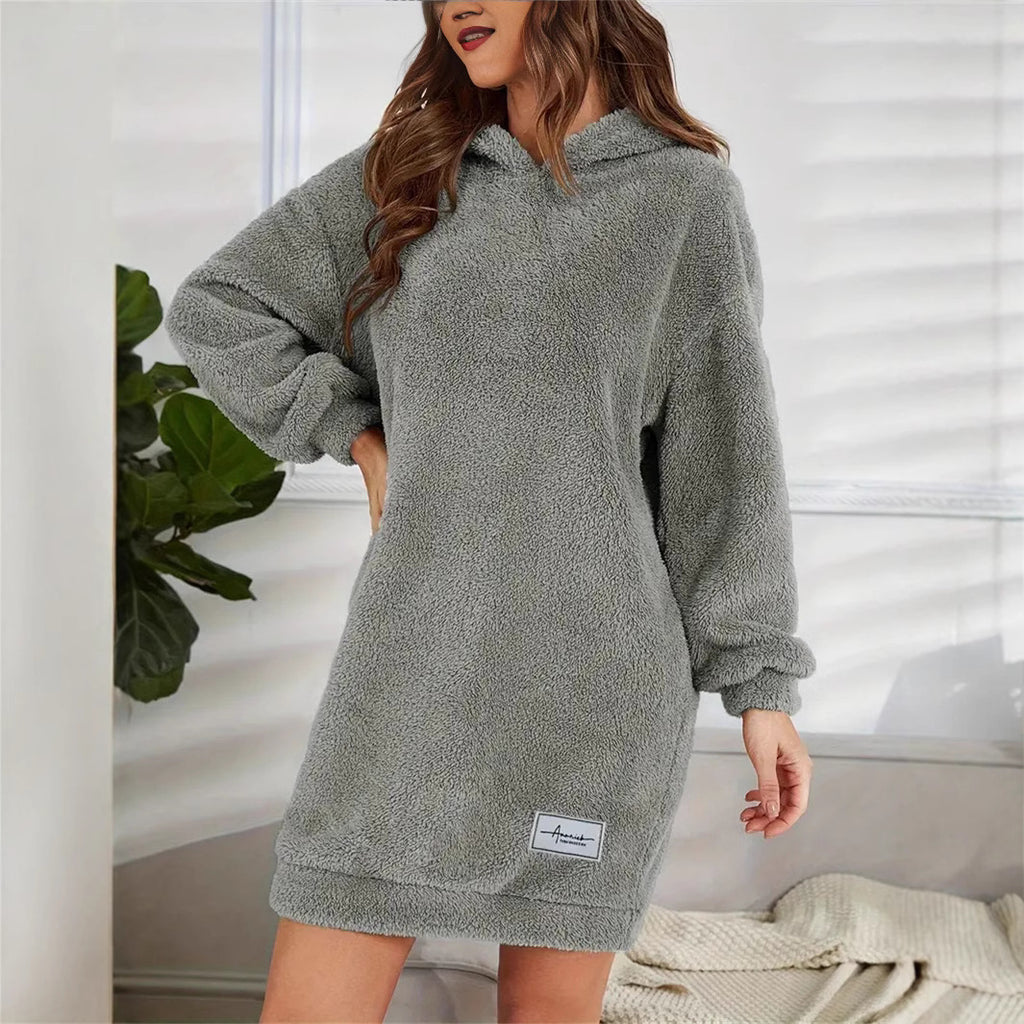 Robe à capuche et manches longues en peluche pour femme