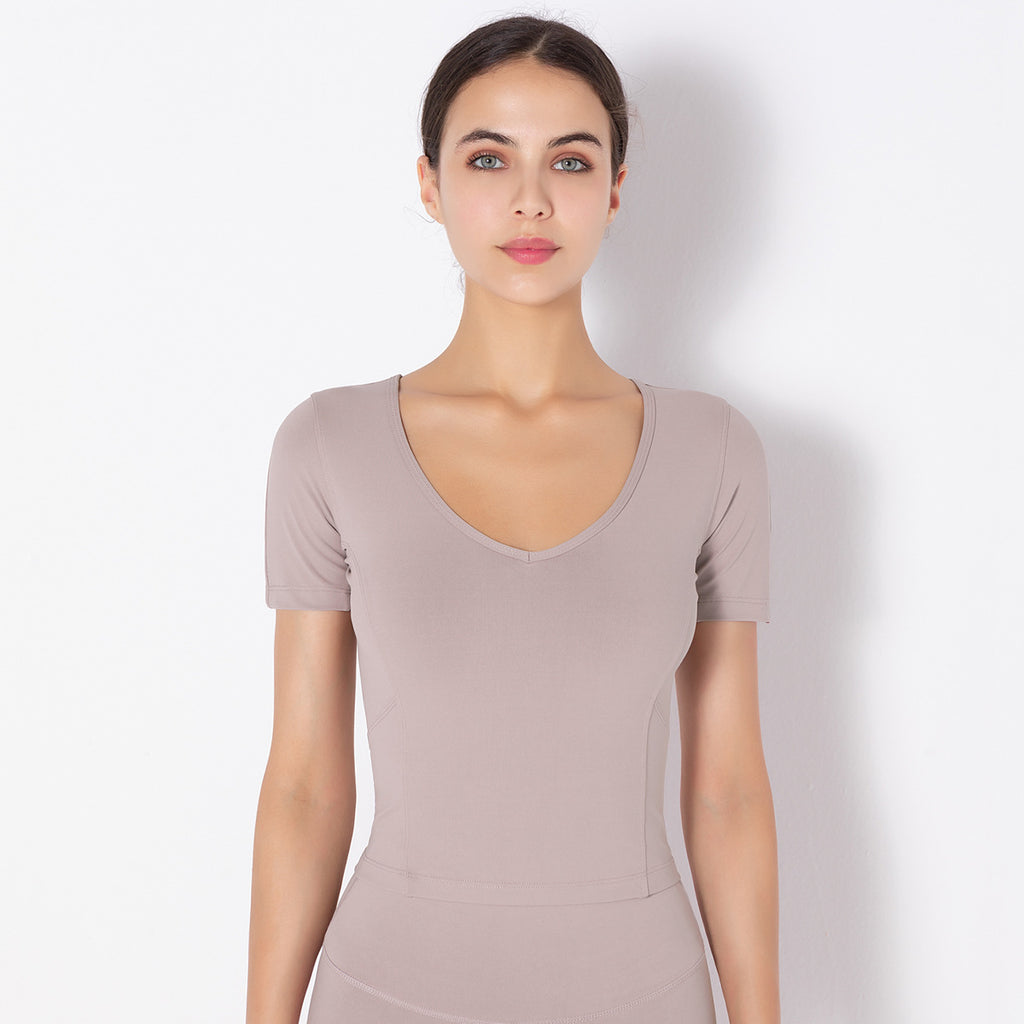 Haut de sport de yoga à manches courtes de couleur unie, extensible et sans coutures pour femme