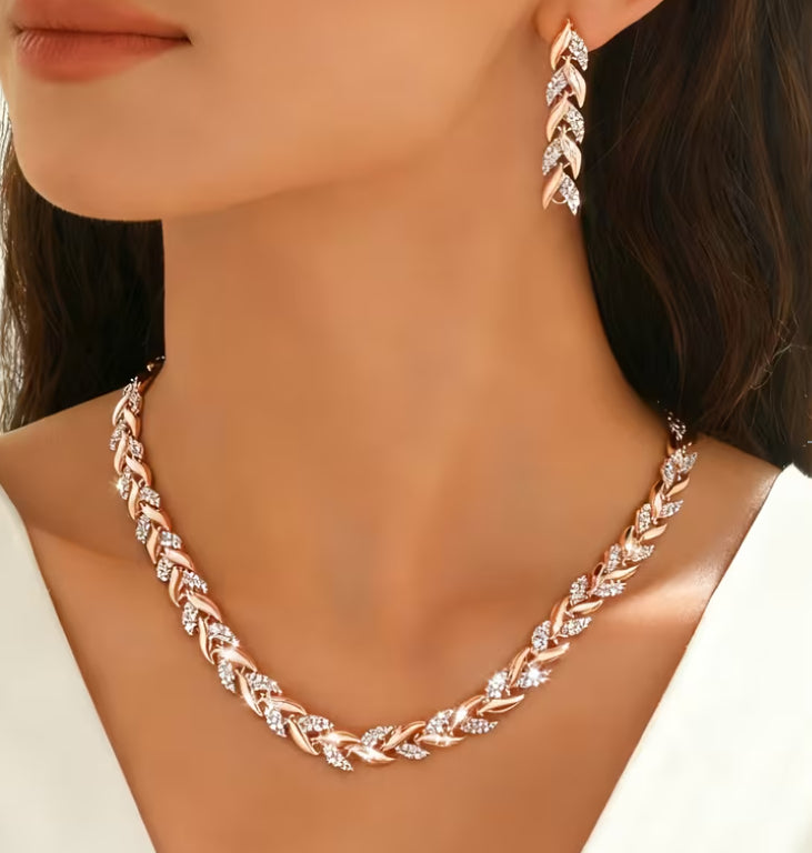 Parure Collier et Bracelet Femme avec Feuilles en Verre et Strass Élégants, Bijoux de Luxe à la Mode