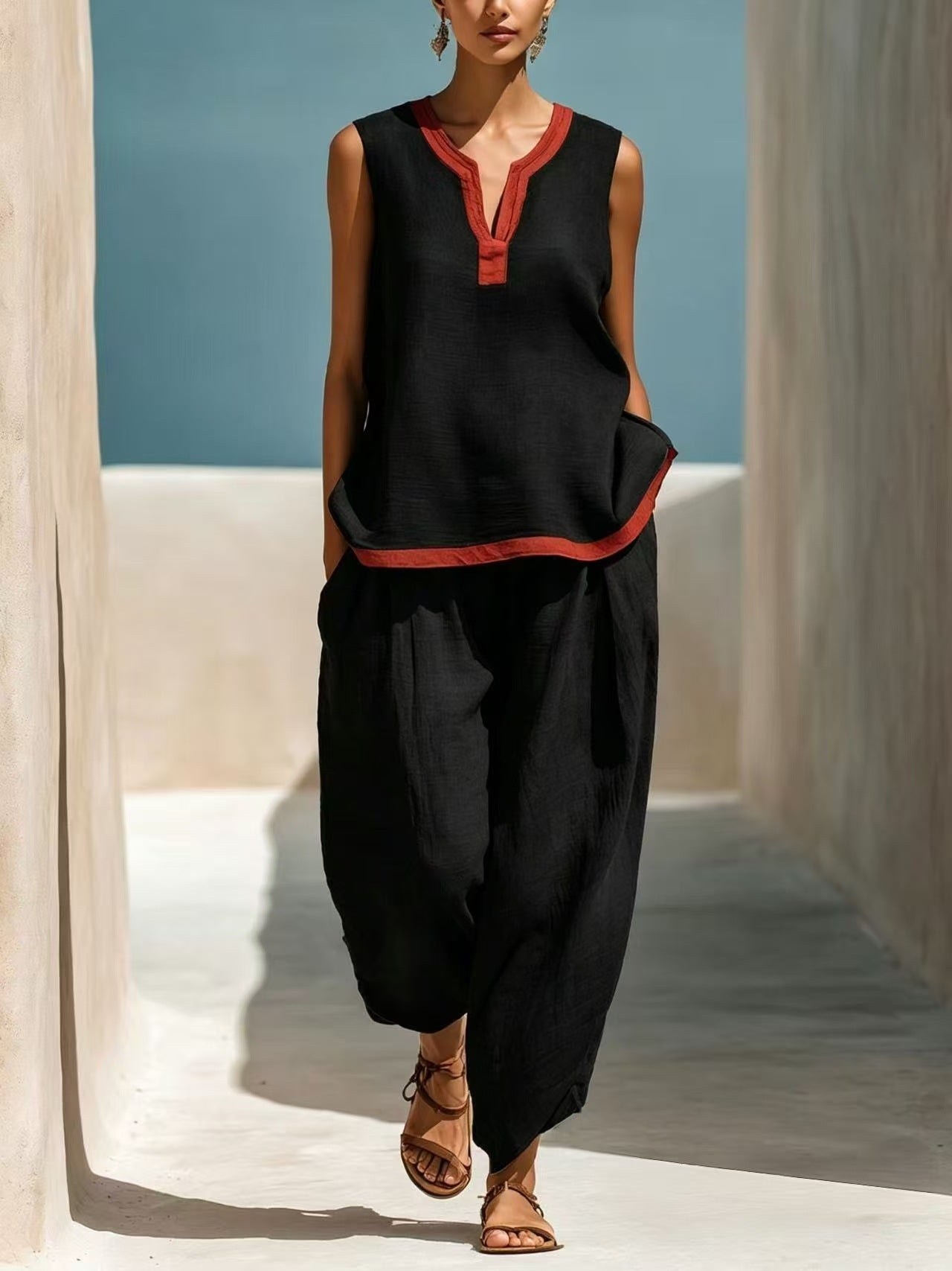 Ensemble Femme Chic en Coton-Lin Deux Pièces Pantalon Large et Haut Color-Block Contraste pour l'Été