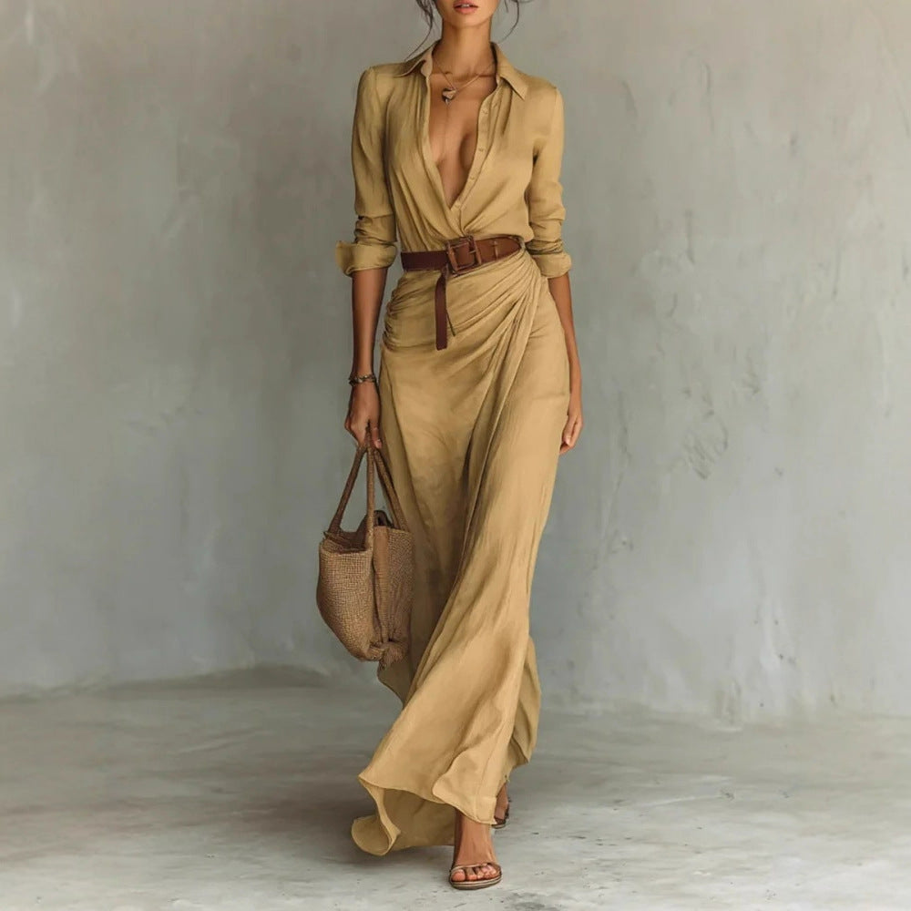 Robe longue irrégulière avec ceinture, chemise habillée à revers boutonnés, manches longues, mode et élégance, tenue décontractée pour le bureau ou les trajets quotidiens pour femmes