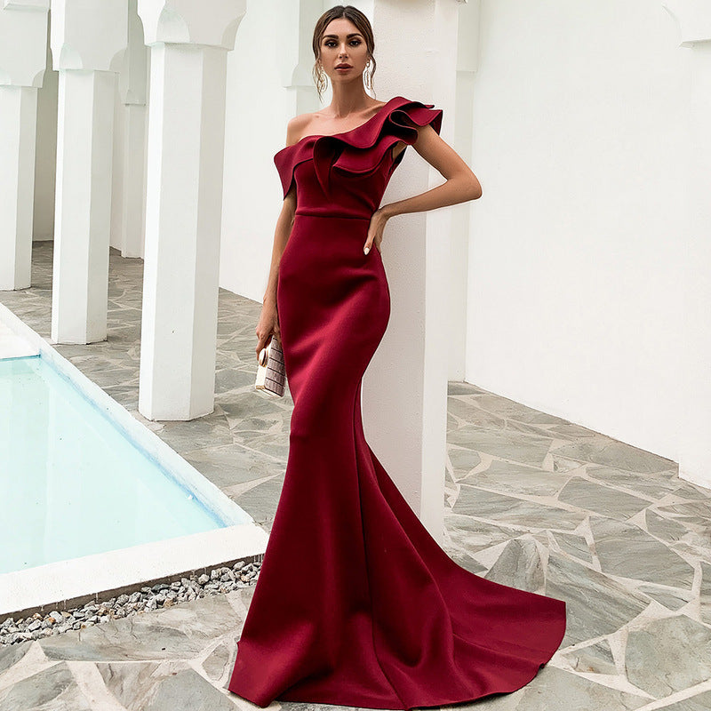 Missord Robe de soirée sexy asymétrique à volants pour femme, couleur unie, robe longue de célébrité, col bateau, robe femme FT19938-2