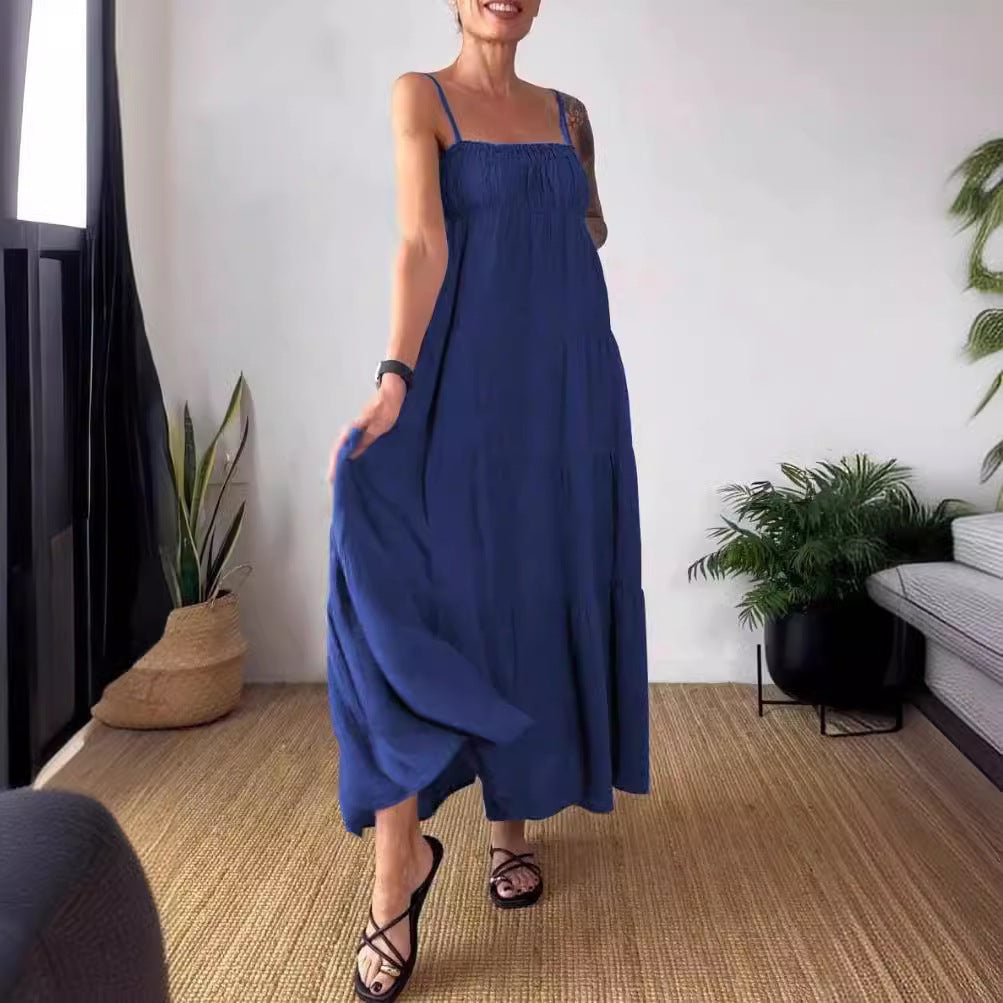 Robe plissée à bretelles et bustier unie décontractée pour femme