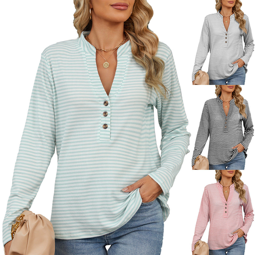 Chemisier Femme Col V Boutons Rayé Ample Manches Longues