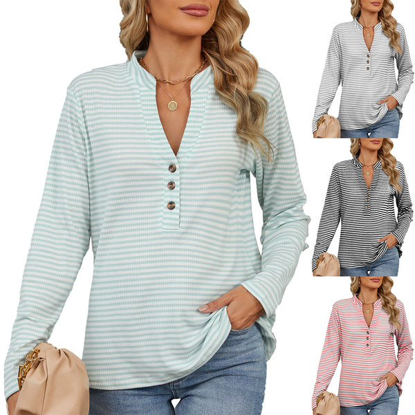 Chemisier Femme Col V Boutons Rayé Ample Manches Longues