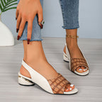 Sandales à bout ouvert et bride cheville, à motif écossais ou pierre, avec talons carrés, pour femme, idéales pour le bureau ou l'été.