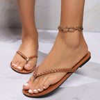 Tongs tissées Sandales plates d'été Chaussures de plage simples et tendance pour femmes