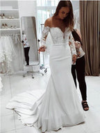 Robe de mariée longue asymétrique en dentelle à manches longues Fashion