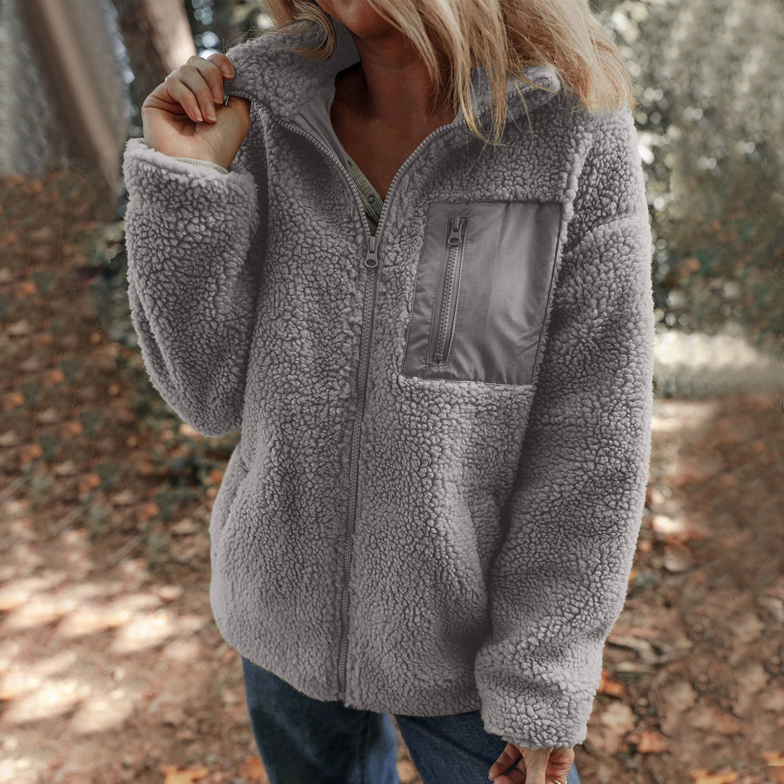 Manteau en peluche zippé, couleur unie, chaud et tendance, en laine d'agneau