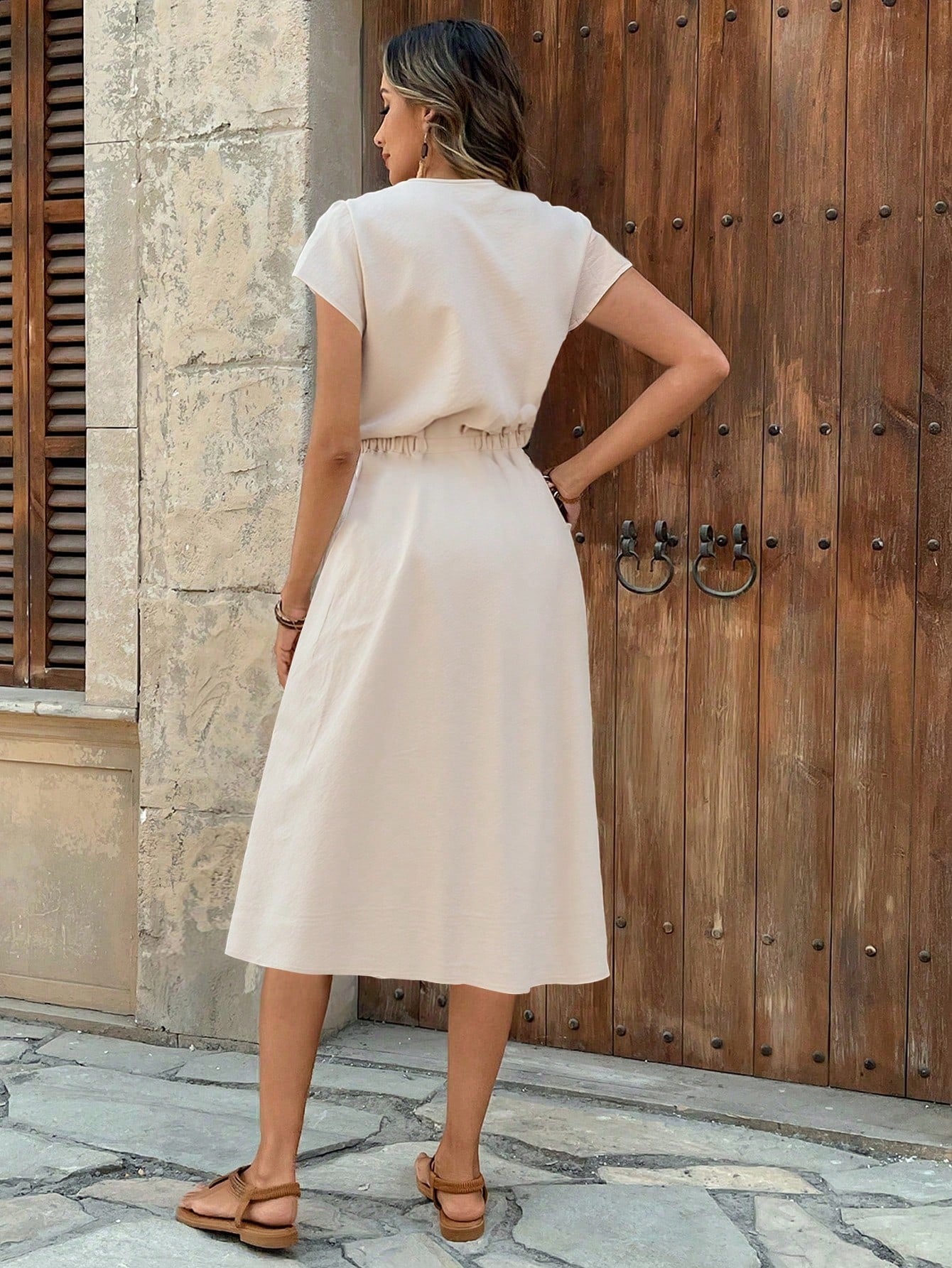 Robe décontractée femme unie avec cordon de serrage et taille mi-haute