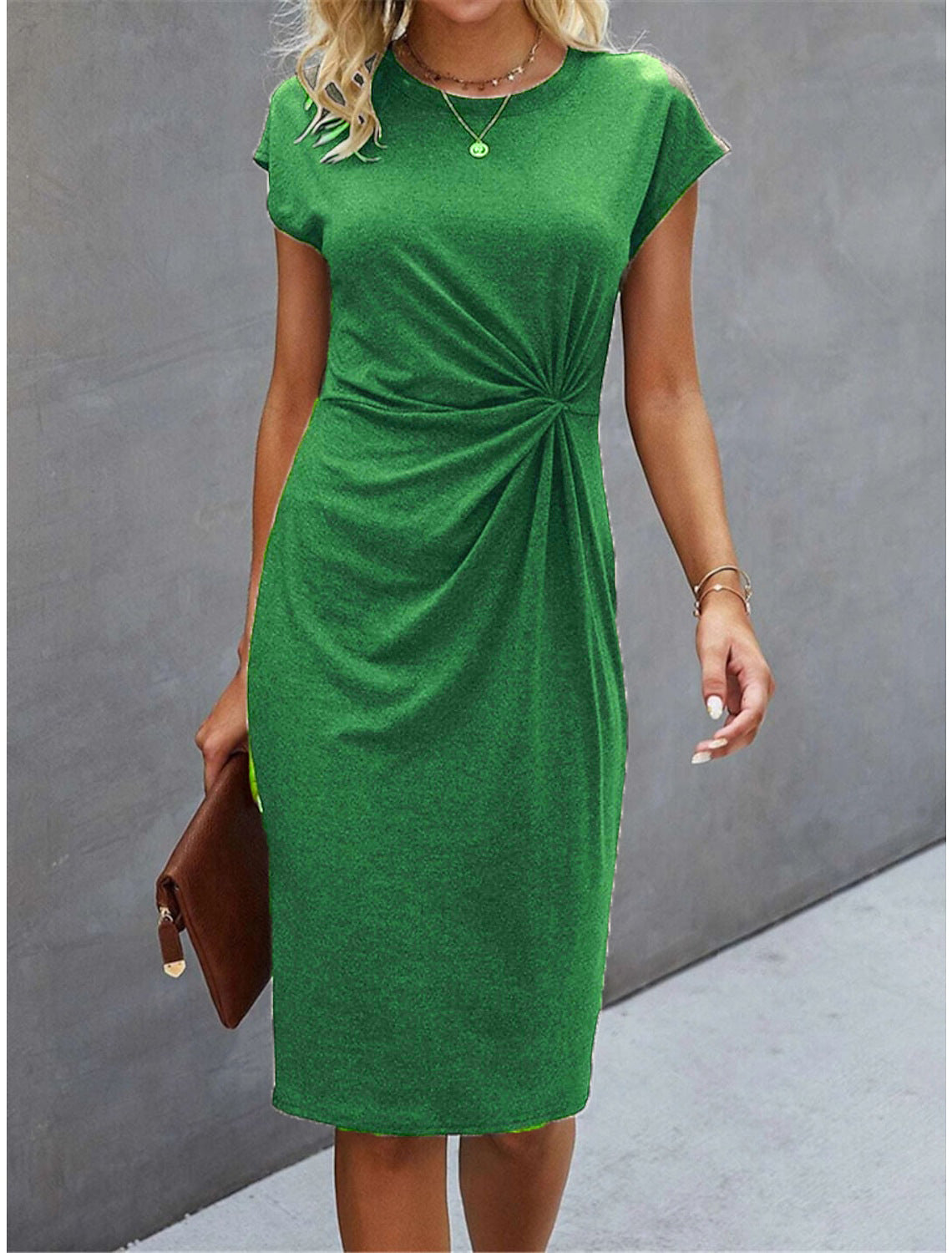 Robe mi-longue décontractée à col rond avec nœud sur le devant pour femme
