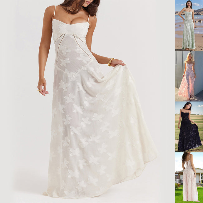Robe Bretelles en Dentelle Florale Sexy, Mode Été, Robes Longues Slim à Lacets au Dos, Tenue de Soirée Club pour Femme Hover Image