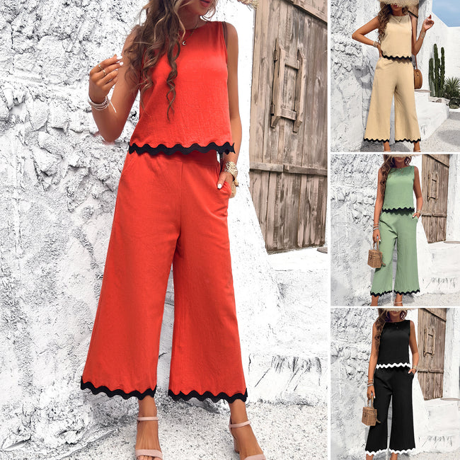Ensemble 2 pièces d'été imprimé vague sans manches et pantalon droit de couleur unie décontracté à la mode pour femme Hover Image